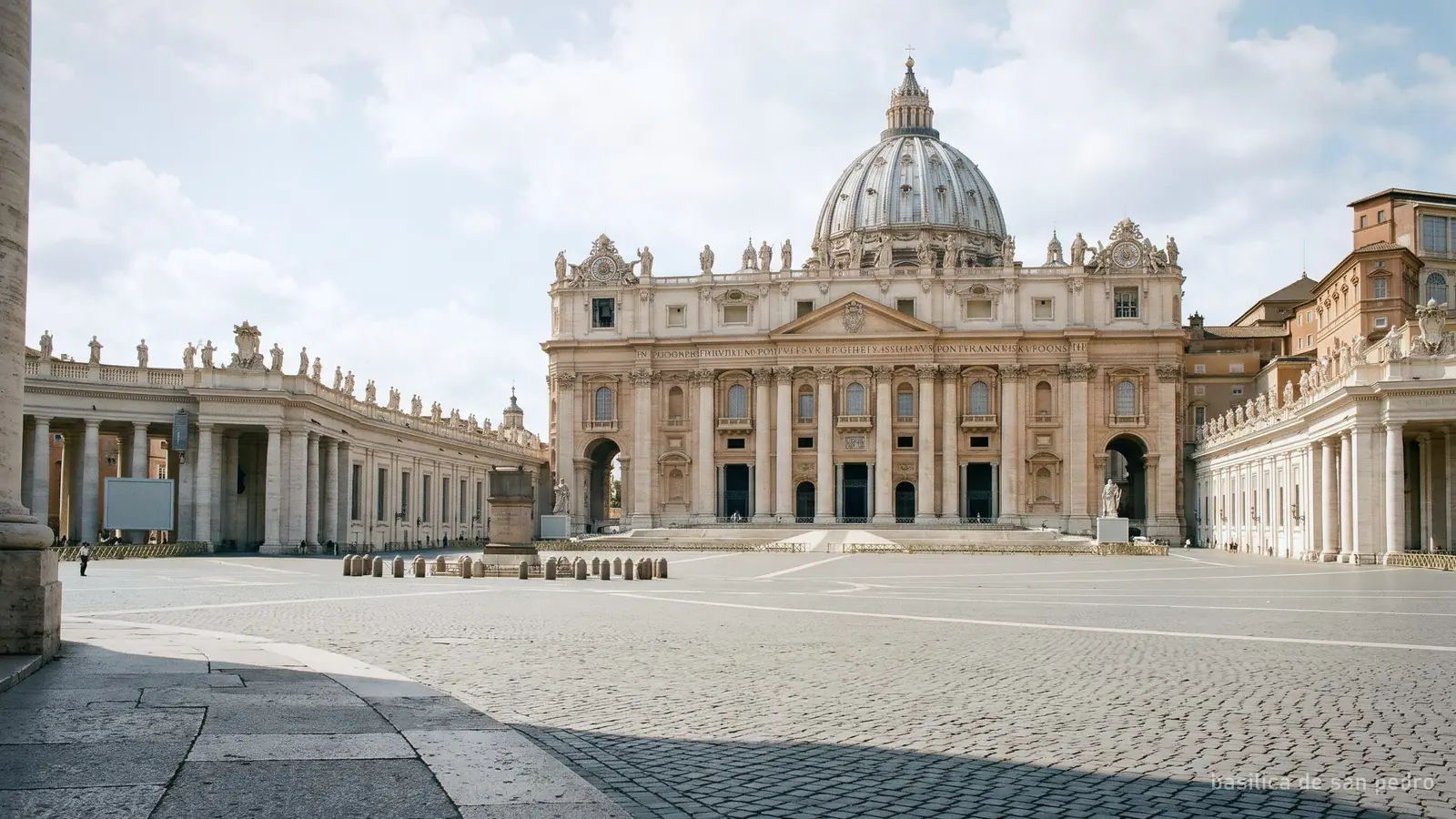 Fachada de la Basílica de San Pedro con la cúpula detrás, vista desde la plaza (imagen generada)