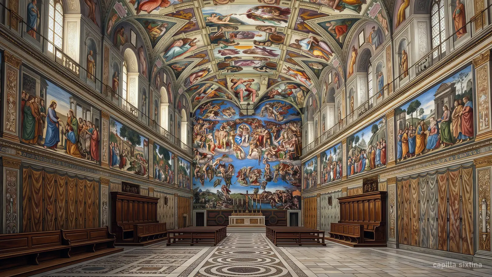 Ilustración del interior de la Capilla Sixtina con la bóveda y el muro del altar (imagen generada)