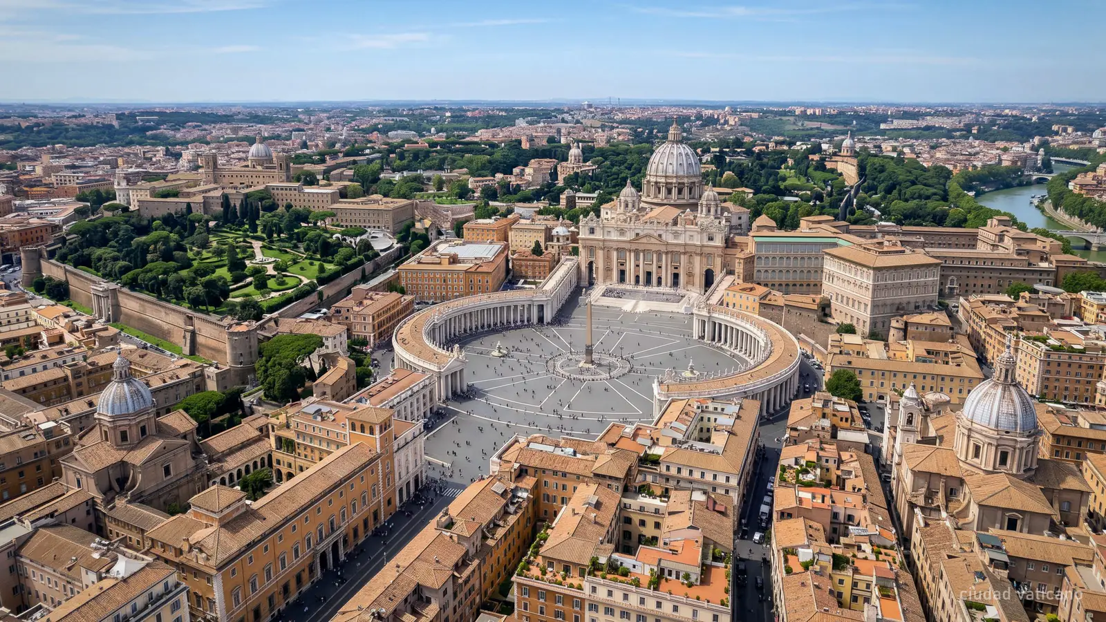 Vista aérea de la Ciudad del Vaticano con la basílica, la plaza y los jardines (imagen generada)