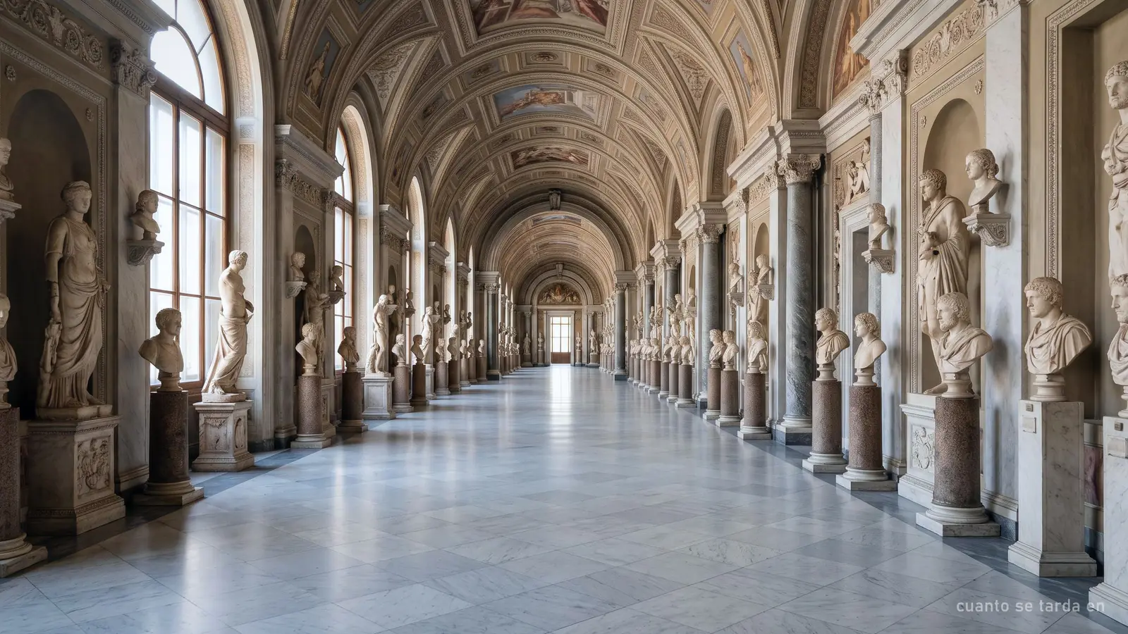 Una larga galería de los Museos Vaticanos con bustos clásicos (imagen generada)