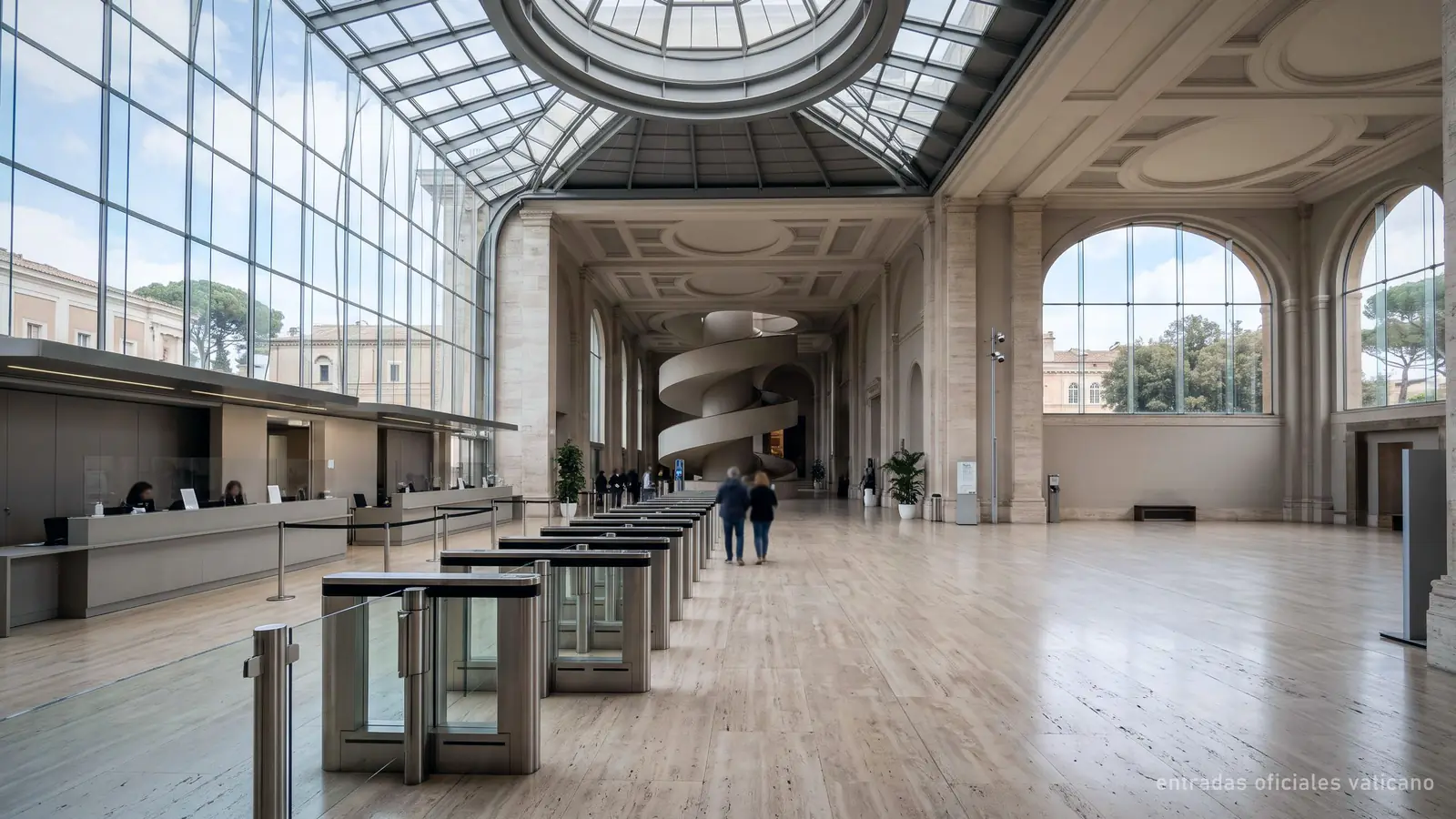 Vestíbulo de entrada de los Museos Vaticanos con las taquillas y los tornos (imagen generada)