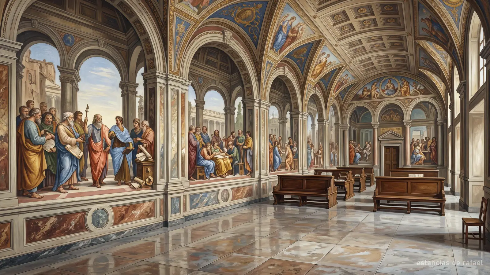 Ilustración de una de las Estancias de Rafael con grandes frescos en las paredes (imagen generada)