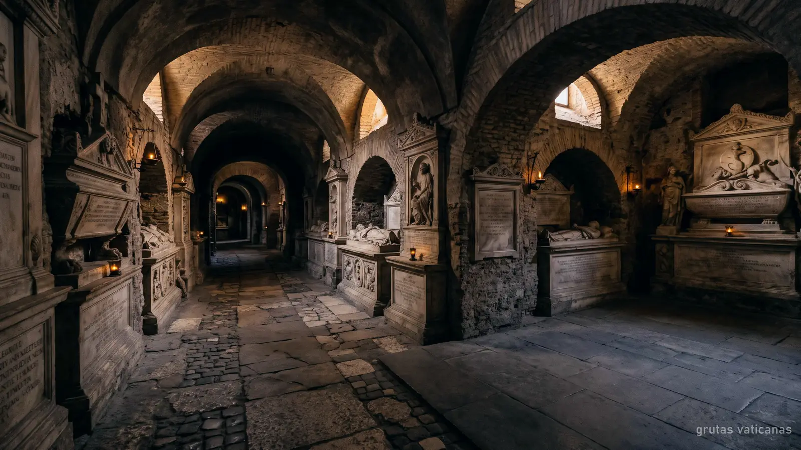 Pasillo abovedado de las Grutas Vaticanas con tumbas de mármol (imagen generada)