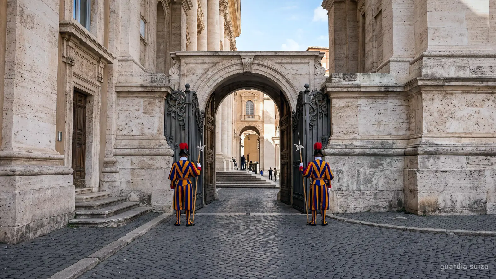 Dos guardias suizos con el uniforme de rayas azules, rojas y amarillas en una puerta del Vaticano (imagen generada)