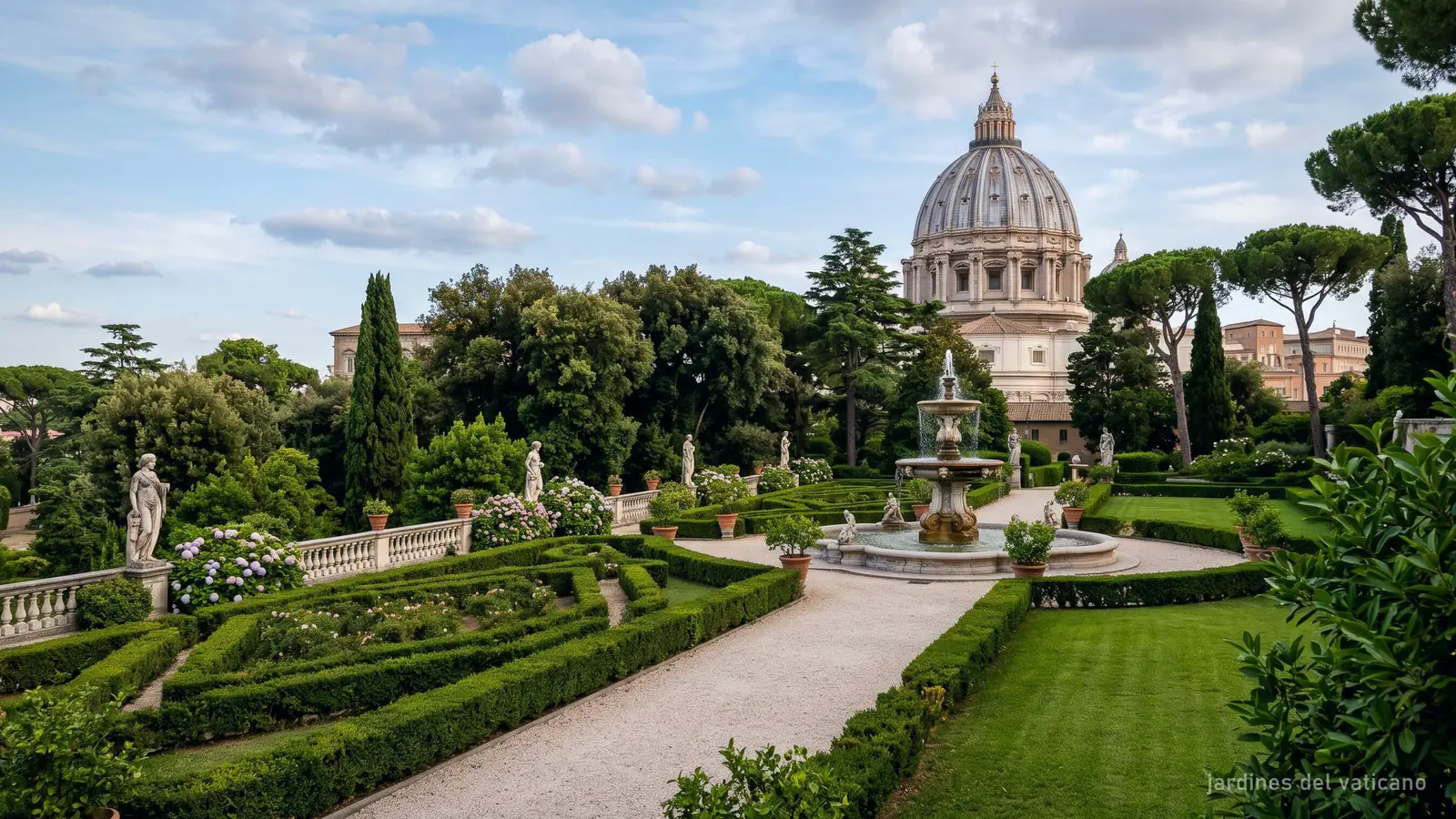Los Jardines Vaticanos con setos, fuentes y la cúpula de San Pedro detrás (imagen generada)