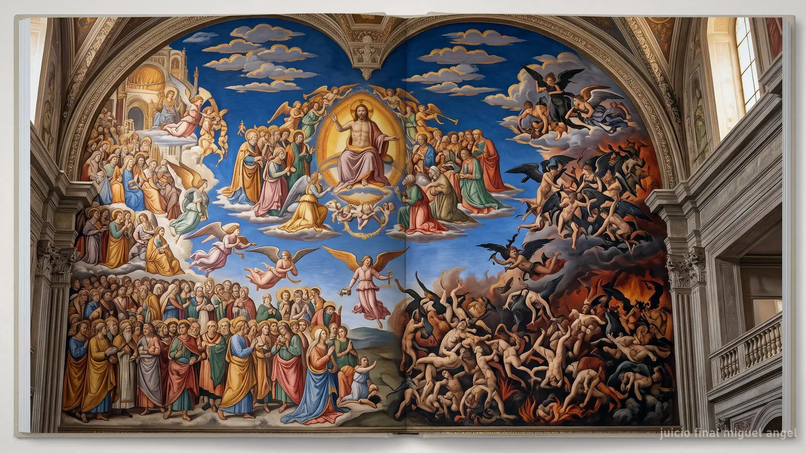 Ilustración que evoca el Juicio Final de Miguel Ángel, con figuras sobre un cielo azul (imagen generada)