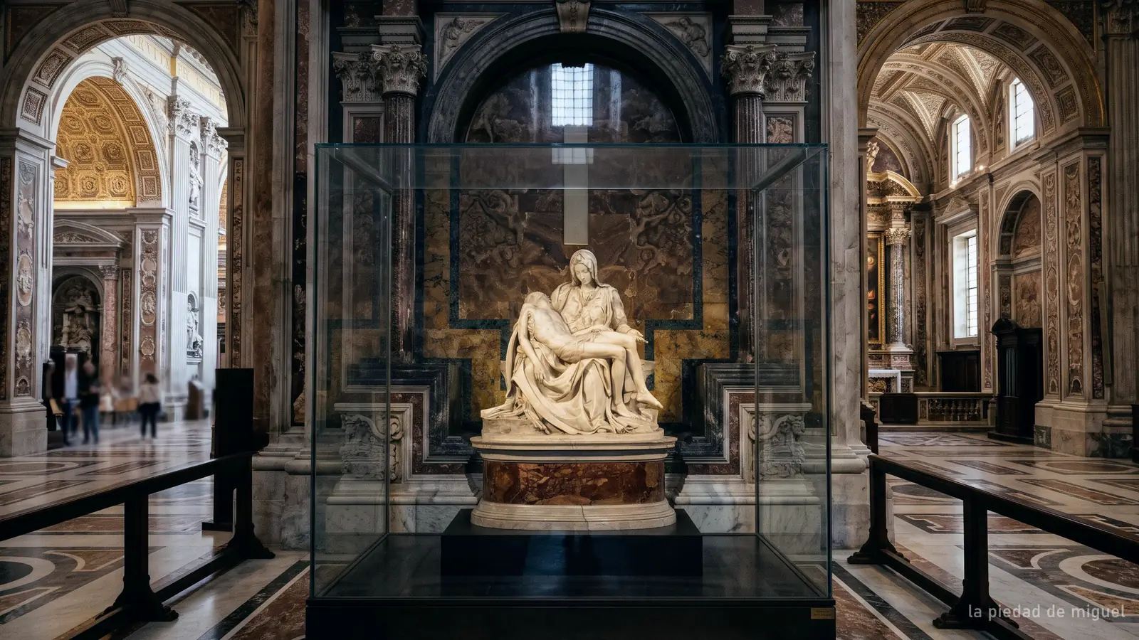 La Piedad de mármol blanco de Miguel Ángel en su capilla de la Basílica de San Pedro (imagen generada)