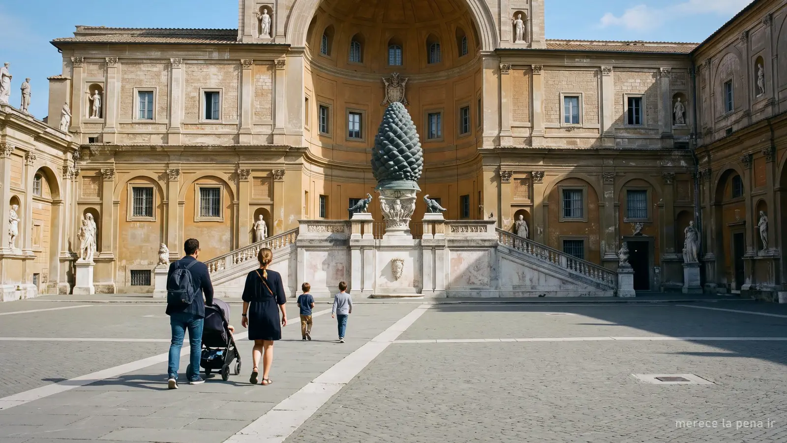 El Patio de la Piña de los Museos Vaticanos con una familia con carrito (imagen generada)