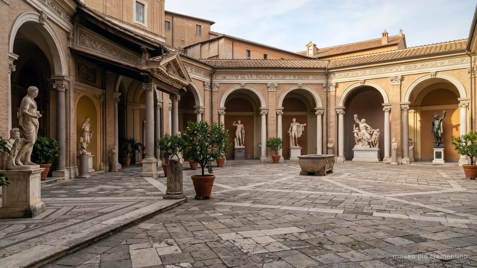 Achteckiger Hof des Museo Pio-Clementino mit klassischen Marmorstatuen (generiertes Bild)
