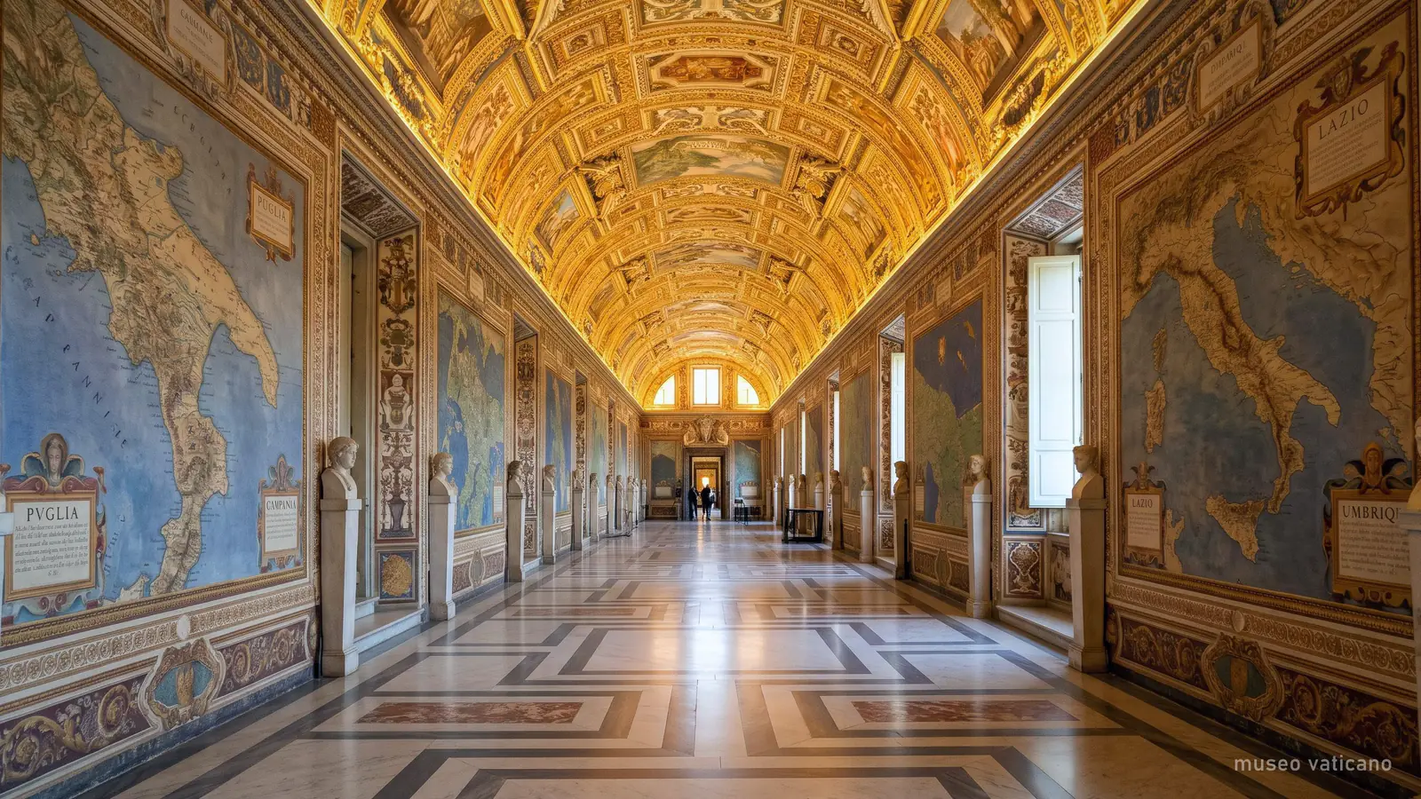 La Galería de los Mapas de los Museos Vaticanos con su bóveda dorada (imagen generada)