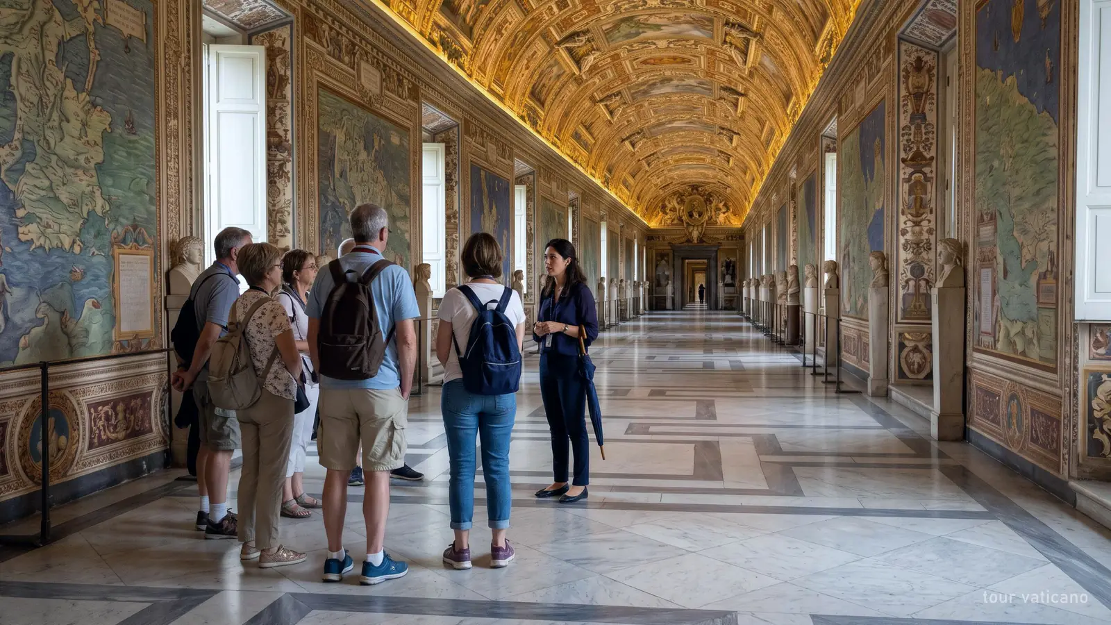 Eine kleine Gruppe hört ihrem Guide in einer Freskengalerie der Vatikanischen Museen zu (generiertes Bild)